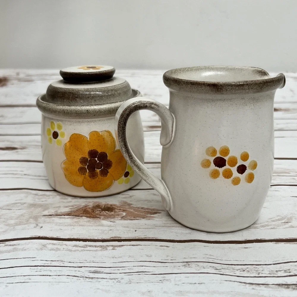 Vintage Creamer and Sugar Bowl Set Yellow Floral Stoneware Retro Farmhouse OS